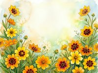 Watercolor floral frame with yellow orange cosmos flowers and green foliage on soft pastel background for spring summer designs and greeting cards.