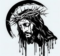 Black and white artistic portrait of Jesus Christ wearing crown of thorns, with dripping paint effect creating dramatic religious artwork. Isolated design on white background.