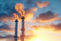 Industrial smokestacks emitting steam against dramatic orange and blue sunset sky with illuminated clouds, highlighting environmental and industrial themes.