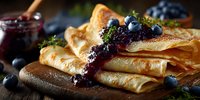 Golden crepes filled with blueberry jam and fresh berries on wooden board. Homemade breakfast pancakes with fruit preserve for morning meal and dessert recipes.