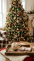 Festive holiday scene with decorated evergreen tree, warm golden lights, and red and gold ornaments in blurred background, while foreground features wooden tray with ceramic mug of hot cocoa with whipped cream, candy cane, and gingerbread cookie on knit blanket.