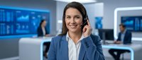 Professional businesswoman with headset smiling in modern office environment. Customer service representative at work in corporate setting.