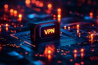 Glowing VPN sign on circuit board with orange and blue lights creating futuristic cybersecurity atmosphere for technology and internet privacy concepts.