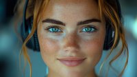 Young woman with bright blue eyes, freckles and ginger hair wearing headphones smiles at camera against blurred background in dramatic lighting.