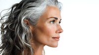 Profile view of mature woman with long wavy silver hair against white background, showcasing natural aging beauty for wellness and lifestyle content.