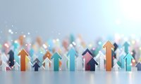 Colorful upward pointing arrows in various sizes creating dynamic growth pattern with bokeh light effects on clean background for business presentations.