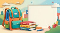 Colorful backpack with stacked books and school supplies arranged around empty frame on pastel background, suitable for educational posters and back-to-school designs.