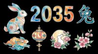 Watercolor Chinese New Year rabbit clipart set with lantern, moon, flowers, and 2035 text, isolated on transparent background. Ready for stickers, sublimation, t-shirt design.