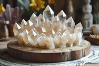 Clear quartz crystal points cluster arranged on wooden slice, displaying natural mineral formation with translucent peaks and ethereal glow in soft lighting.