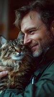 Middle-aged man with beard holding fluffy tabby cat close to face, both sharing tender moment in soft indoor lighting.