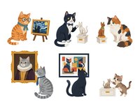 Cats holding paintings, wearing glasses, sitting on pedestals, isolated on white background. Suitable for art-themed designs, educational materials, children's books, and creative projects.