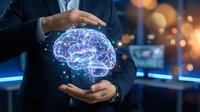 Businessman protecting glowing digital brain with neural networks in hands, artificial intelligence and machine learning concept for technology innovation.
