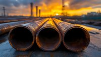 Large industrial metal pipes lying on ground at dramatic sunset with orange sky and factory chimneys silhouettes in background, construction site perspective.