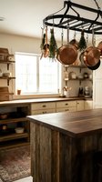 Rustic farmhouse kitchen interior with copper pots hanging from wrought iron rack above wooden island, dried herbs, warm natural lighting for home design.