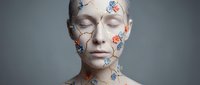 Young Caucasian woman with closed eyes featuring intricate floral crack pattern makeup on face and neck against neutral background for beauty concepts.