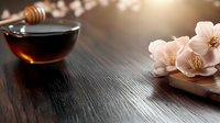 Honey in black bowl with wooden dipper and delicate pink cherry blossoms on dark wood surface with warm sunlight creating peaceful spa atmosphere.