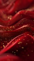 Luxurious red fabric with golden glitter particles creating elegant waves and folds for festive backgrounds, holiday designs, and luxury branding.