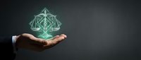 Businessman hand holding glowing geometric sacred geometry symbol with interconnected lines and nodes, representing digital transformation, innovation, and technology solutions.