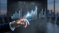 Businessman hand touching glowing stock market growth chart with rising arrow, financial data graphs in dark office background.