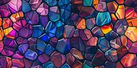 Colorful abstract mosaic pattern with vibrant geometric shapes in blue, purple, orange and pink creating stained glass effect. Seamless design for backgrounds.