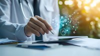 Medical professional using digital tablet with glowing virtual interface showing healthcare data analytics and icons, modern technology in healthcare setting.