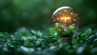 Glowing light bulb nestled among fresh green leaves symbolizing eco-friendly energy solutions and sustainable innovation for environmental projects.