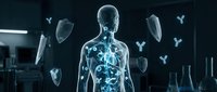 Holographic human figure with glowing immune system cells and antibodies floating around body in laboratory setting for medical research and healthcare technology concepts.