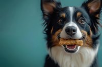 Playful tricolor Border Collie dog holding treat in mouth against turquoise background, close-up portrait showing bright eyes and happy expression.