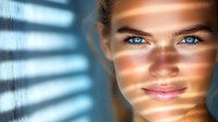 Close up portrait with window blind shadows creating dramatic light pattern across face, bright blue eyes and natural makeup look for beauty and lifestyle content.