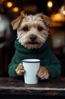 Adorable mixed breed terrier dog wearing green knit sweater holding coffee cup at cafe table with bokeh lights in background, cozy autumn mood.
