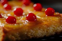 Closeup of pineapple upside down cake with bright red maraschino cherries and caramelized pineapple rings on golden brown cake base, showing rich texture and glazed surface.