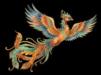Colorful ornate phoenix bird in flight with detailed feathers, isolated on transparent background, ready for t-shirts, stickers, sublimation, and print on demand.