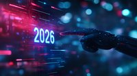 Futuristic robotic hand pointing at glowing 2026 number against dark background with neon pink and blue lights, digital technology concept for future predictions.