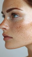 Close-up profile of young woman with natural freckles, green eyes, and minimal makeup against neutral background for beauty and skincare advertising.