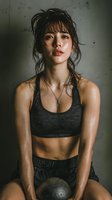 Sweaty young Asian woman athlete resting after intense workout session in gym wearing sports bra and shorts with medicine ball for fitness training motivation.