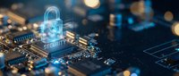 Digital security padlock icon glowing on computer circuit board with bokeh lights representing cybersecurity and data protection technology.
