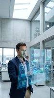 Professional businessman analyzing holographic data visualization interface in modern office environment for business intelligence and analytics applications.