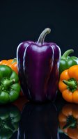 Fresh colorful bell peppers purple green orange vegetables on dark background with reflection for healthy cooking and nutrition concepts.