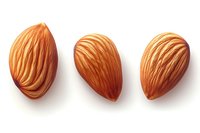 Three fresh raw almonds with detailed texture and natural brown color isolated on white background, top view for food packaging and healthy eating concepts.