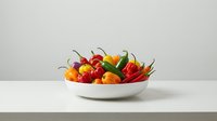 Colorful hot chili peppers in white bowl on wooden table against neutral background for culinary cooking spice ingredient food photography.