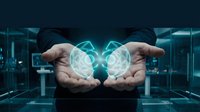 Two hands holding glowing digital brains in futuristic tech environment, representing artificial intelligence, innovation, and digital transformation for business and technology concepts.
