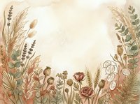 Vintage botanical frame with dried flowers, grasses, and herbs arranged on aged cream background, suitable for wedding invitations, greeting cards, and decorative design projects.