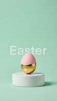 Easter egg in pink and gold on a white podium against a mint green background with Easter text for holiday greeting cards.