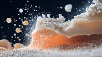 Macro shot of orange liquid with white foam splash and bubbles against dark background, dynamic fluid motion with dramatic lighting and droplets in motion.