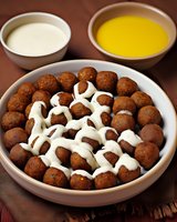 Falafel balls drizzled with tahini sauce in ceramic bowl, served with dipping sauces. Traditional Middle Eastern cuisine appetizer on brown textile background.