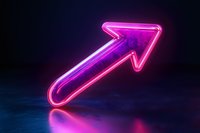Glowing neon arrow sign in pink and purple colors casting reflection on dark surface, modern directional symbol for business growth and success concepts.