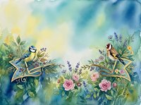 Watercolor painting of two birds perched among blooming roses and lavender flowers with soft yellow and blue sky background, suitable for nature art prints and garden decor.