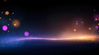 Glowing abstract cosmic background with colorful light spheres and sparkles floating in dark space, purple and orange luminous particles on horizon line.