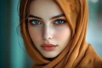 Close up portrait of young woman wearing orange hijab with striking blue eyes and coral lipstick against blurred teal background, modern modest fashion style.