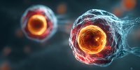 Glowing cell structures with fiery orange cores and blue network connections on dark background, illustrating medical or scientific concept.